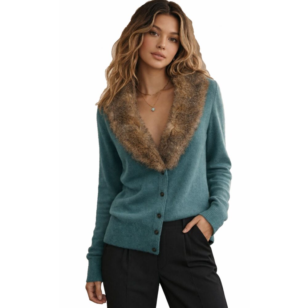 CAbi Tea Room Teal Knit Cardigan Faux Fur Collar Button Front V Neck Womens M